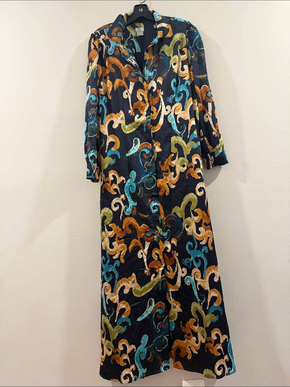 Chico's Long Sleeve Maxi Dress in Black with Teal, Orange & Olive Swirl